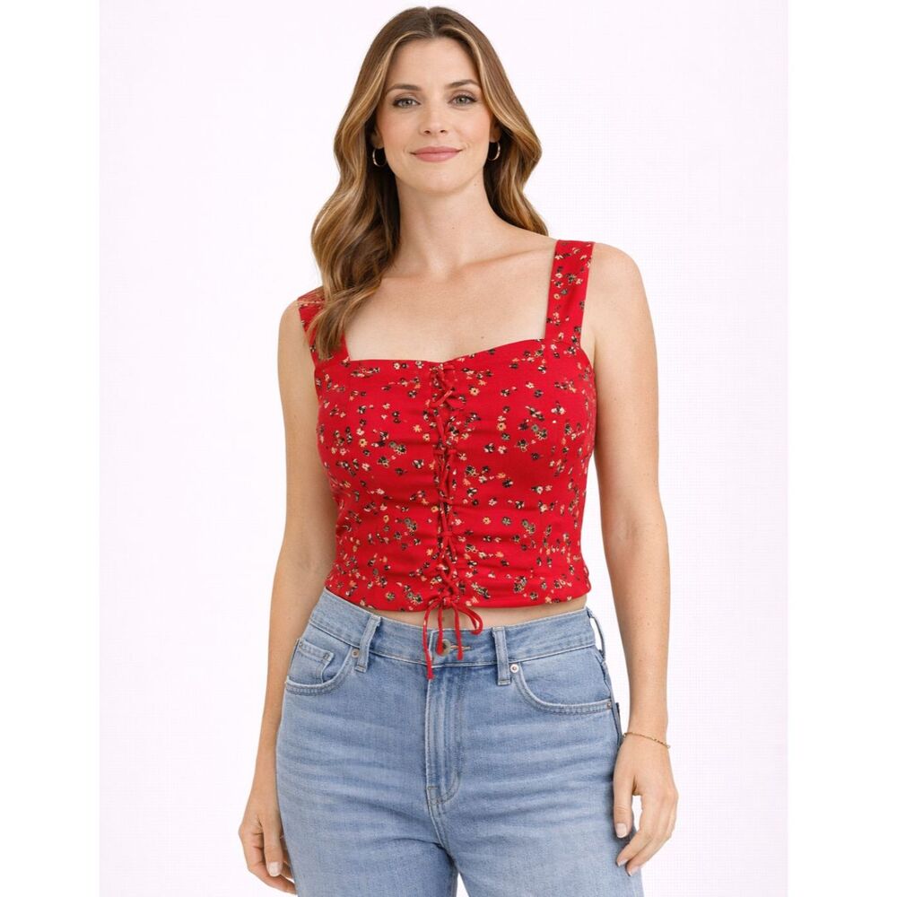 Miss Me Lace-up Crop Top Red Floral S